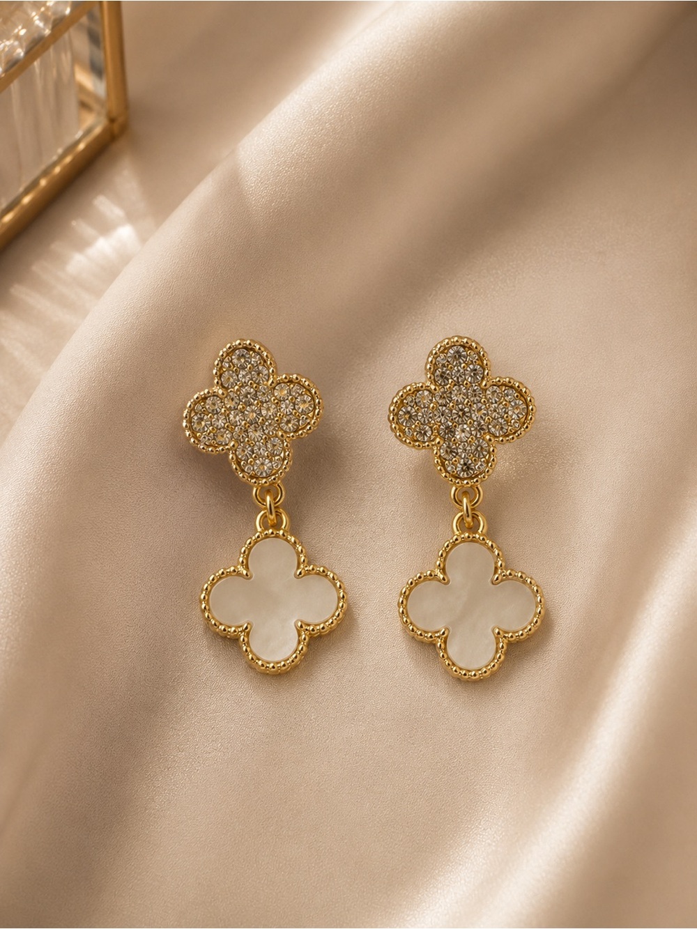 Gold Clover Drop Earrings with White Inlay